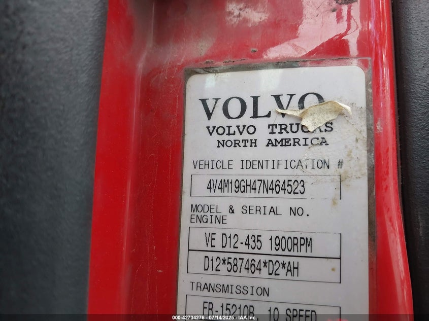 2007 Volvo Vn Vnm VIN: 4V4M19GH47N464523 Lot: 42734276