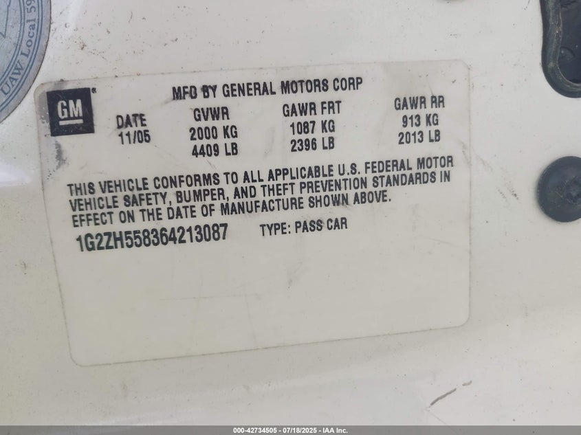 2006 Pontiac G6 Gt VIN: 1G2ZH558364213087 Lot: 42734505