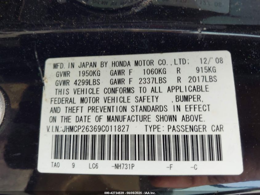 2009 Honda Accord 2.4 Lx VIN: JHMCP26369C011827 Lot: 42734539