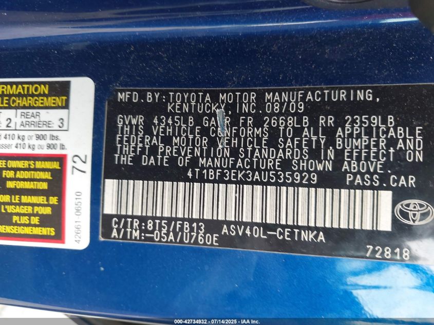 2010 Toyota Camry Le VIN: 4T1BF3EK3AU535929 Lot: 42734932