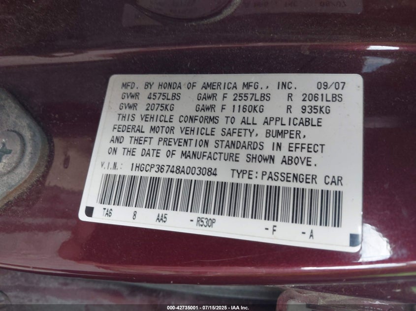 2008 Honda Accord 3.5 Ex VIN: 1HGCP36748A003084 Lot: 42735001