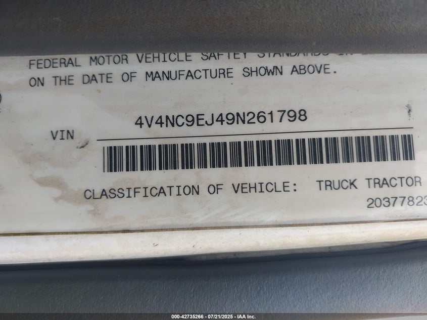 2009 Volvo Vn Vnl VIN: 4V4NC9EJ49N261798 Lot: 42735266
