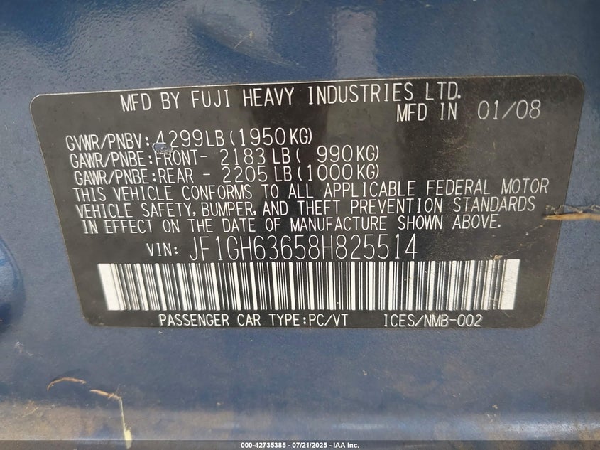 JF1GH63658H825514 2008 SUBARU IMPREZA photo no. 9