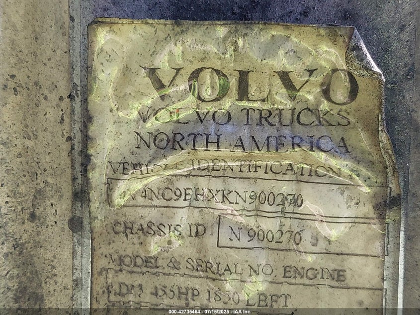 2019 Volvo Vn VIN: 4V4NC9EHXKN900270 Lot: 42735464