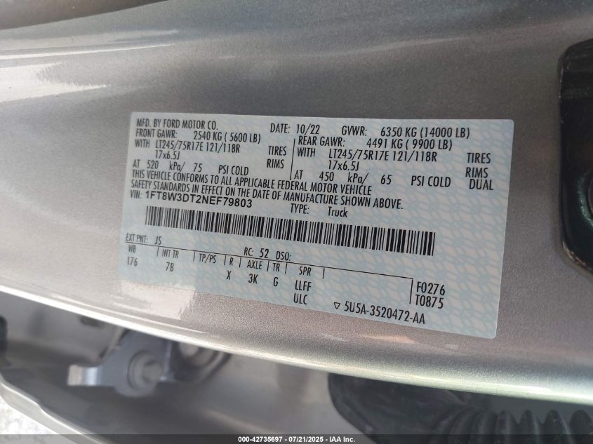2022 Ford F-350 Platinum VIN: 1FT8W3DT2NEF79803 Lot: 42735697