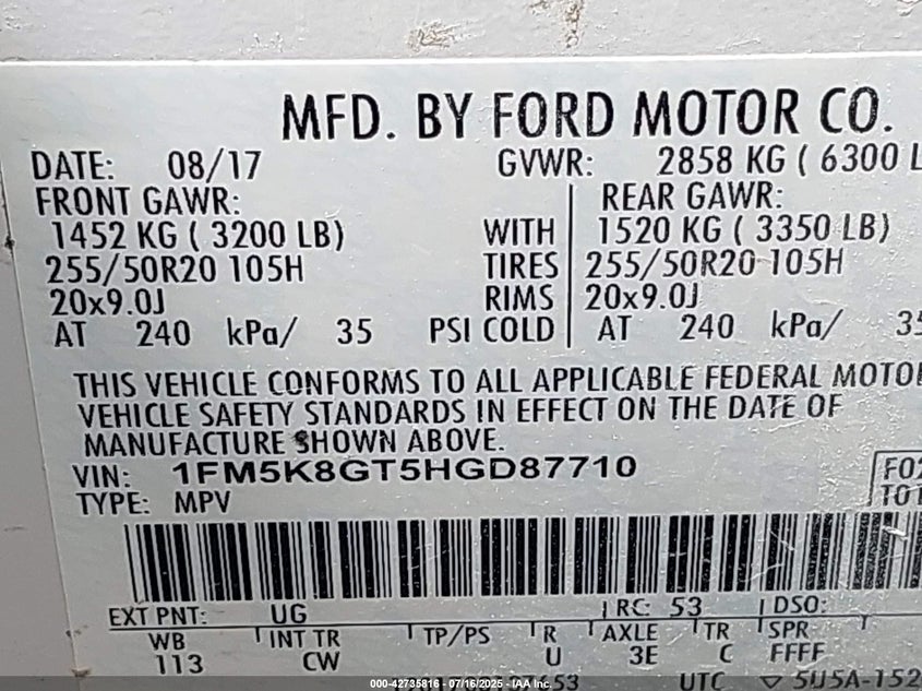2017 Ford Explorer 3.5 Sport White Lot 111042735816 Vin 1FM5K8GT5HGD87710
