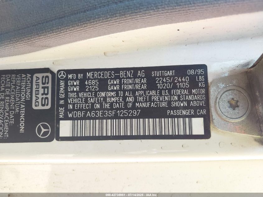 1995 Mercedes-Benz Sl 320 VIN: WDBFA63E3SF125297 Lot: 42735951