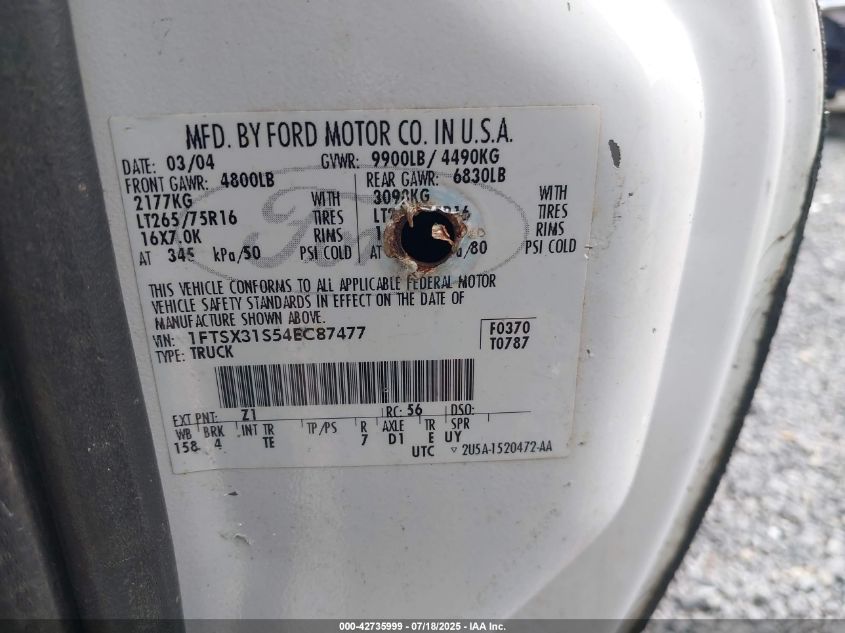 2004 Ford F-350 Lariat/Xl/Xlt VIN: 1FTSX31S54EC87477 Lot: 42735999