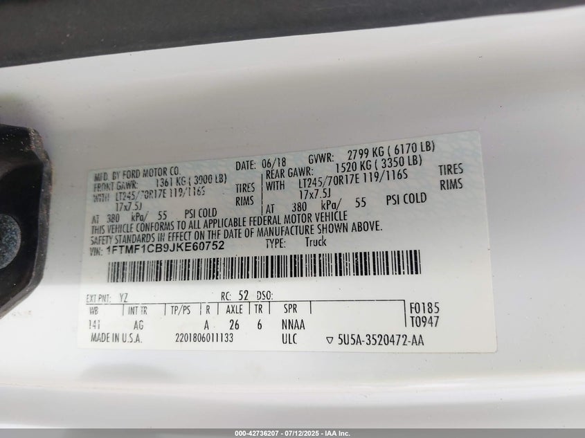 VIN 1FTMF1CB9JKE60752 2018 FORD F-150 XL
