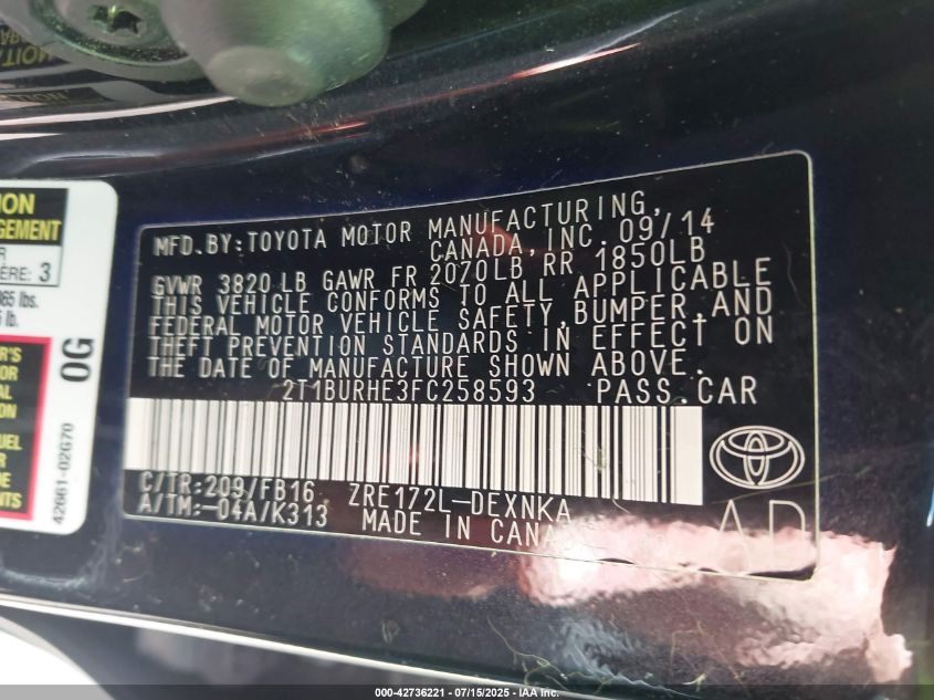 2015 Toyota Corolla Le VIN: 2T1BURHE3FC258593 Lot: 42736221