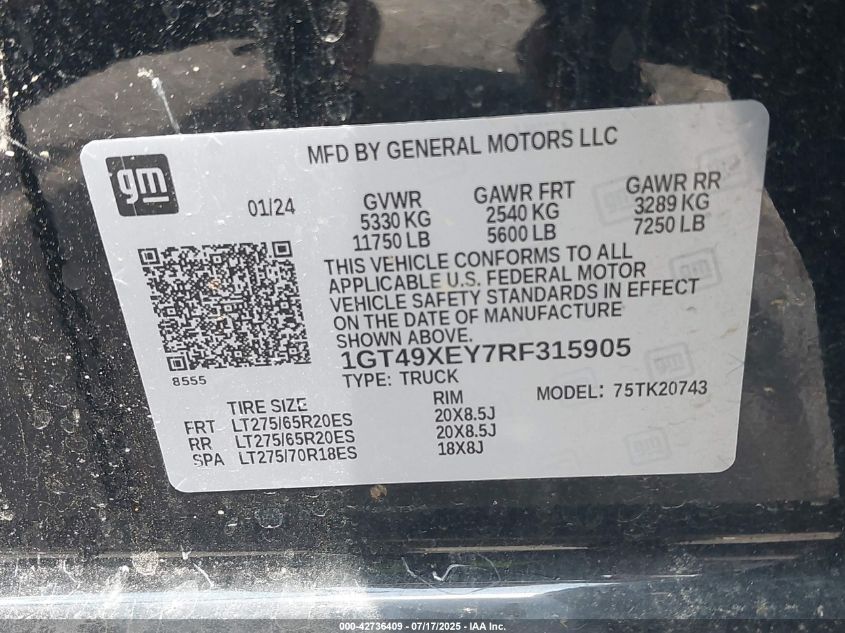 2024 GMC Sierra 2500Hd 4Wd Standard Bed Denali Ultimate VIN: 1GT49XEY7RF315905 Lot: 42736409