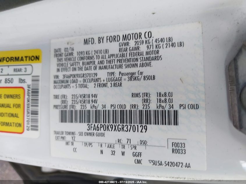 2016 Ford Fusion Titanium VIN: 3FA6P0K9XGR370129 Lot: 42736673