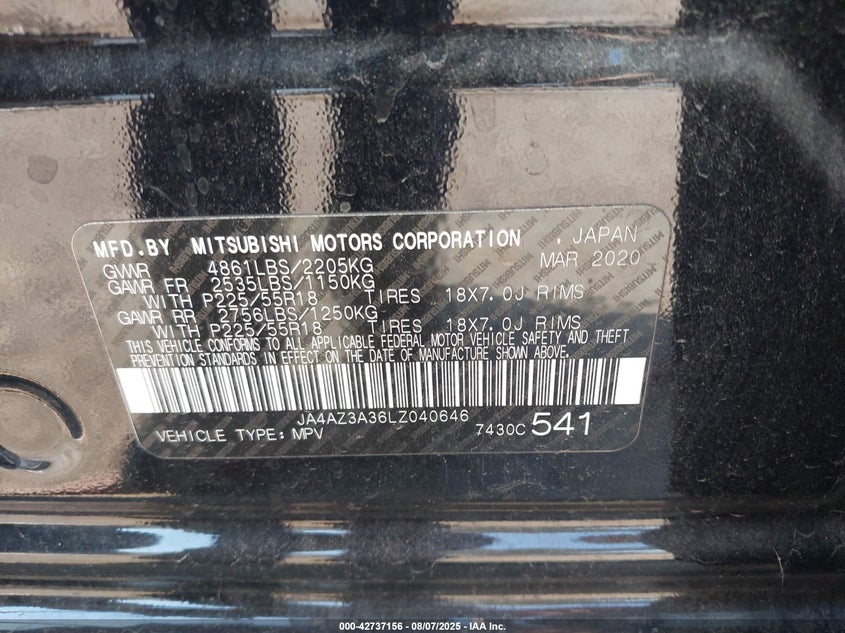 2020 Mitsubishi Outlander Le 2.4 S-Awc VIN: JA4AZ3A36LZ040646 Lot: 42737156