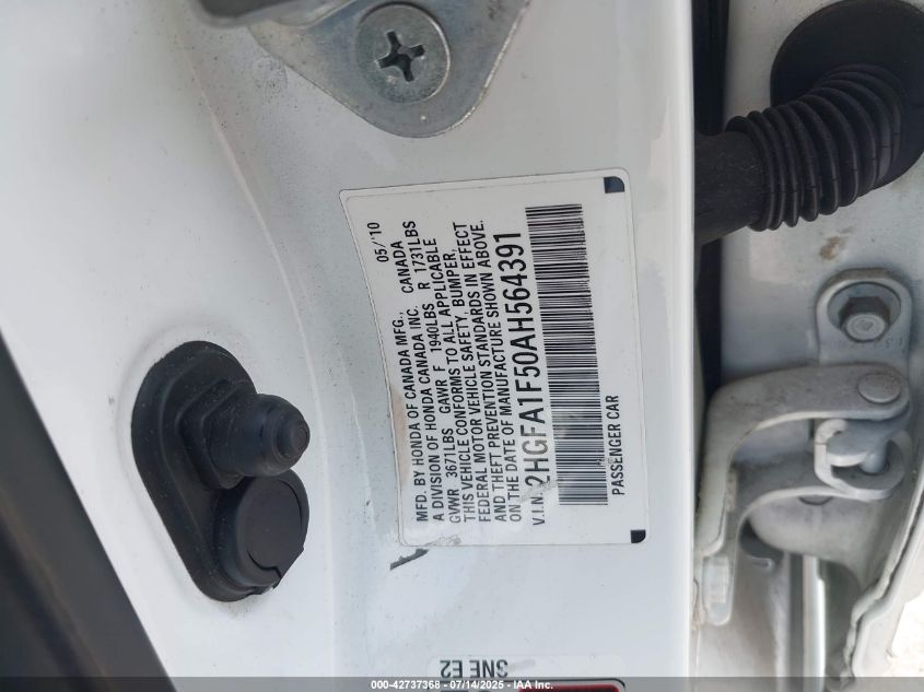 2010 Honda Civic VIN: 2HGFA81F50AH56439 Lot: 42737368