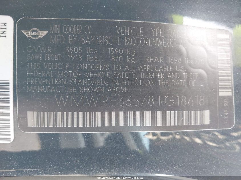 2008 Mini Cooper VIN: WMWRF33578TG18618 Lot: 42737477