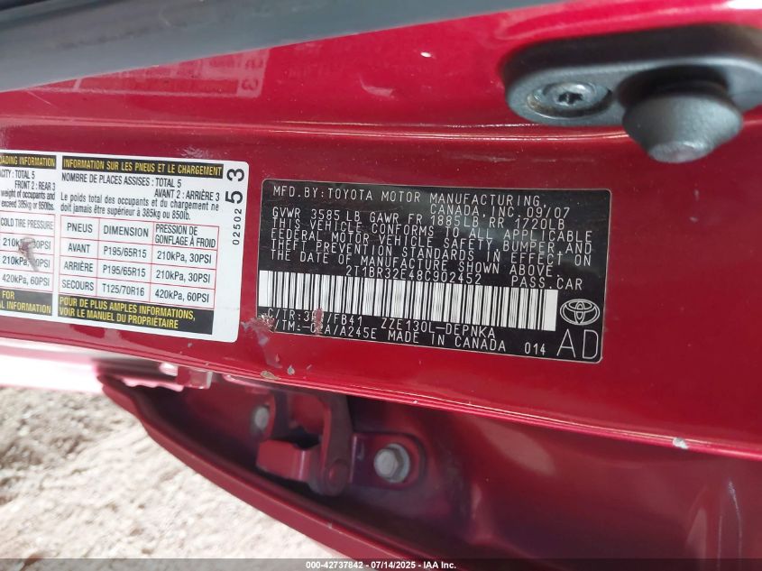 2008 Toyota Corolla Le VIN: 2T1BR32E48C902452 Lot: 42737842