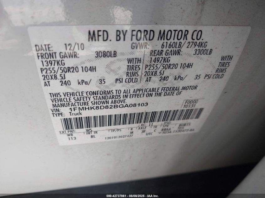 2011 Ford Explorer Xlt VIN: 1FMHK8D82BGA08103 Lot: 42737861