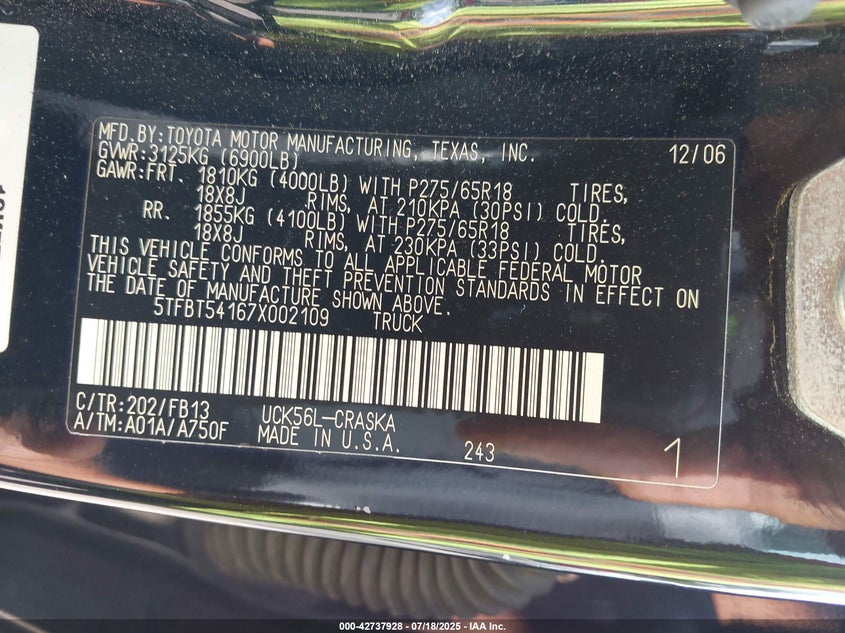 2007 Toyota Tundra Sr5 4.7L V8 VIN: 5TFBT54167X002109 Lot: 42737928