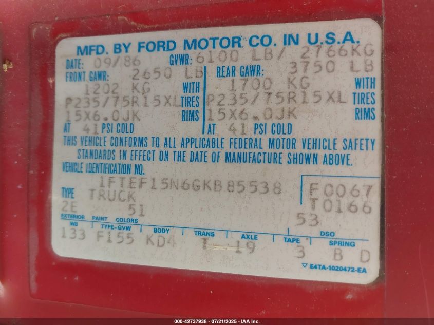 1986 Ford F150 VIN: 1FTEF15N6GKB85538 Lot: 42737938