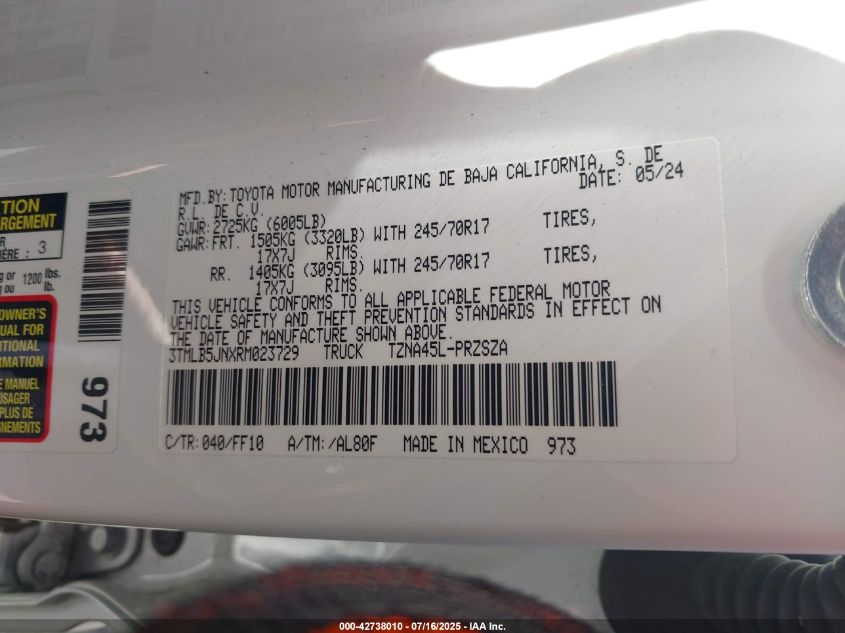 2024 Toyota Tacoma Sr5 4Wd VIN: 3TMLB5JNXRM023729 Lot: 42738010