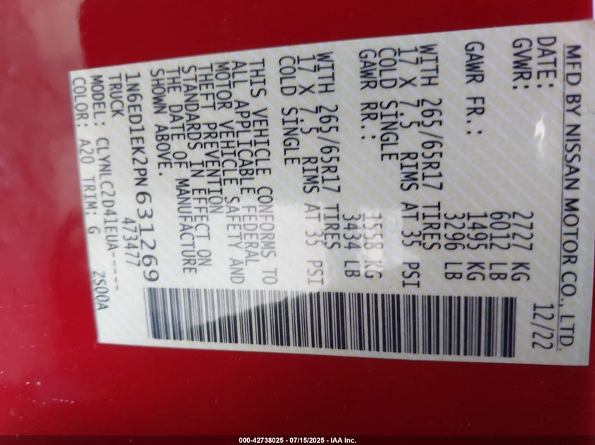 2023 NISSAN FRONTIER SV 4X4 - 1N6ED1EK2PN631269