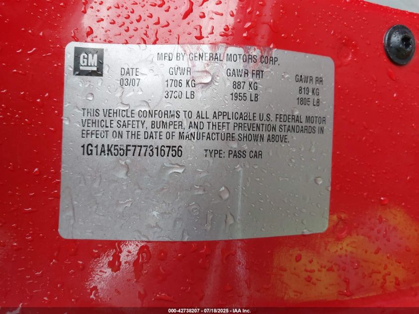 2007 Chevrolet Cobalt Ls VIN: 1G1AK55F777316756 Lot: 42738207