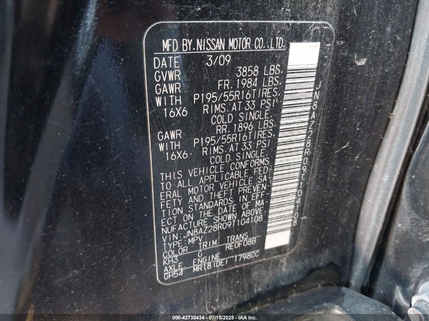 2009 Nissan Cube 1.8Sl VIN: JN8AZ28R09T104108 Lot: 42738434