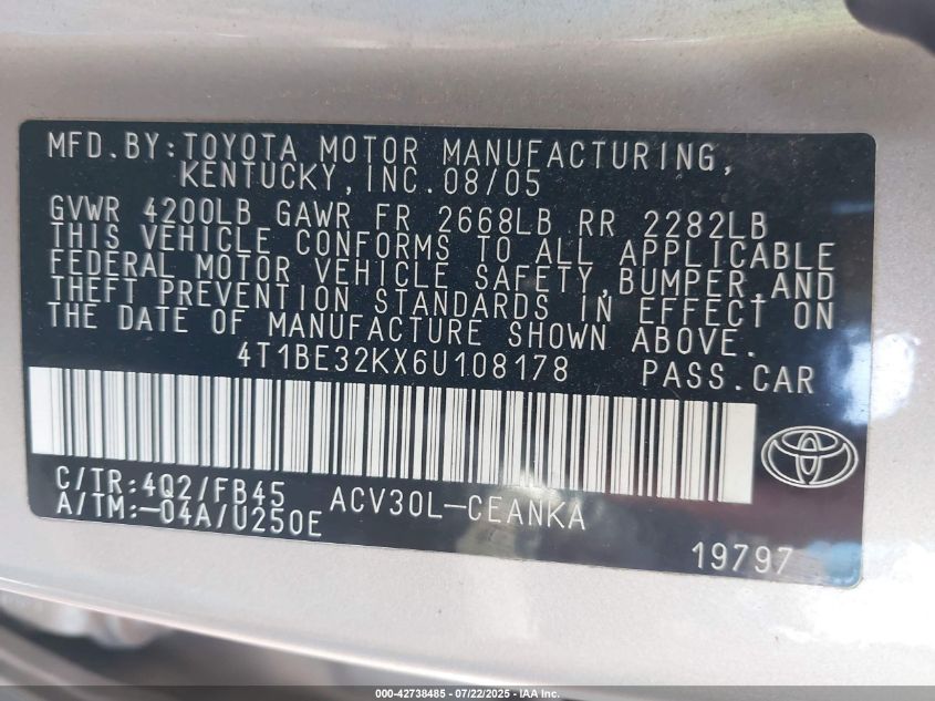 2006 Toyota Camry Le VIN: 4T1BE32KX6U108178 Lot: 42738485