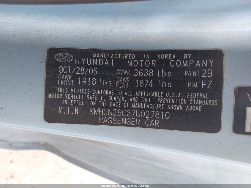 2007 Hyundai Accent Se VIN: KMHCN36C37U027810 Lot: 42739070