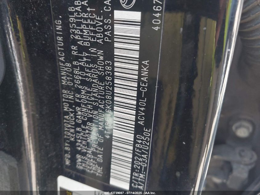 2008 Toyota Camry VIN: 4T1BE46K08U258383 Lot: 42739087