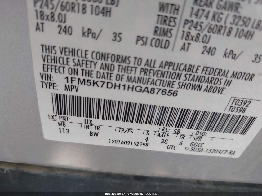 2017 FORD EXPLORER XLT 1FM5K7DH1HGA87656