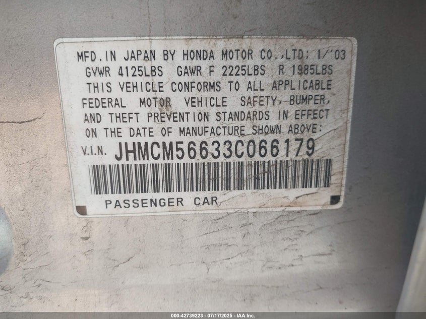 2003 Honda Accord VIN: JHMTM56633T066179 Lot: 42739223