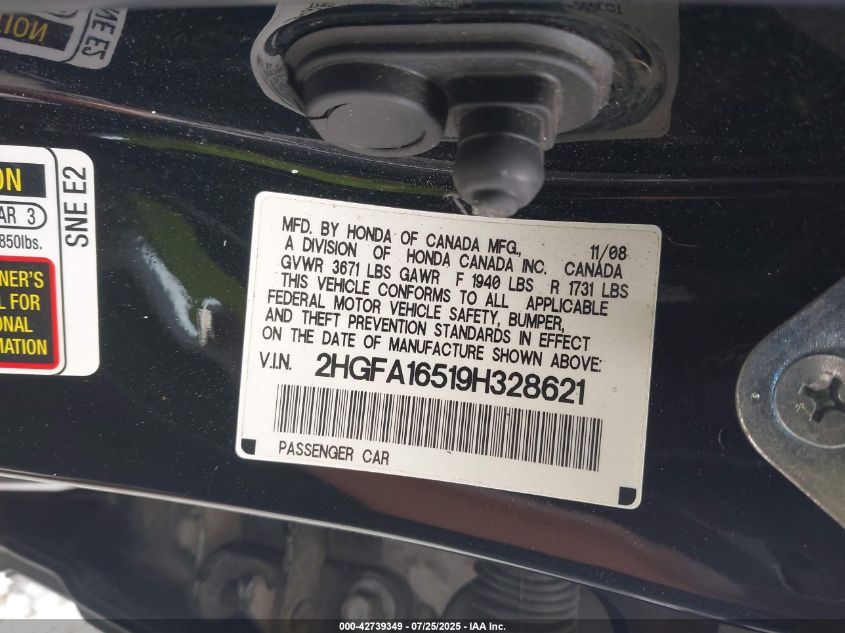 2009 Honda Civic Lx VIN: 2HGFA16519H328621 Lot: 42739349