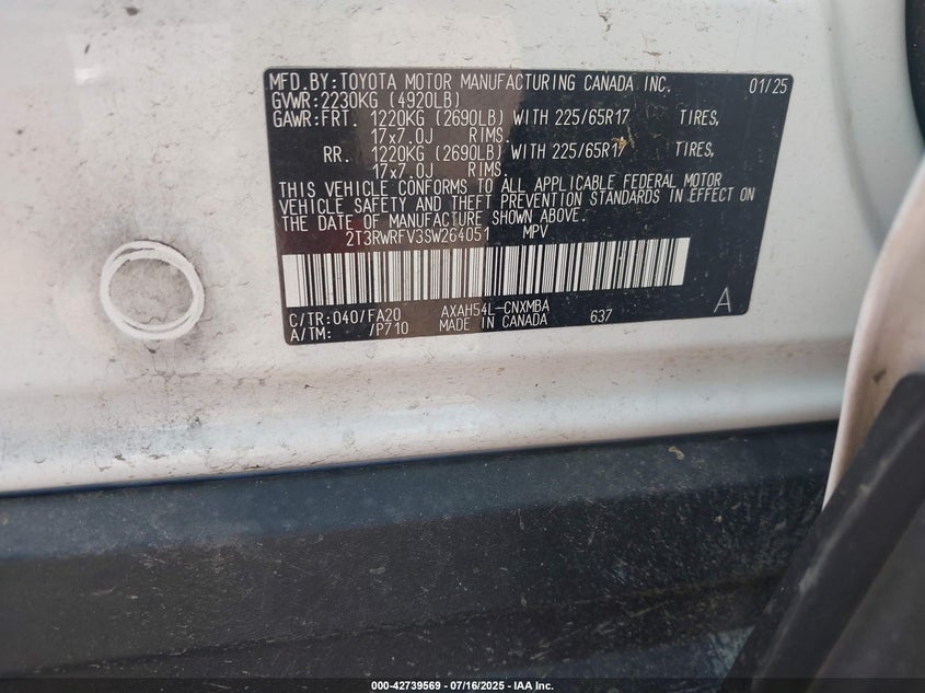 2025 TOYOTA RAV4 HYBRID(VIN: 2T3RWRFV3SW264051