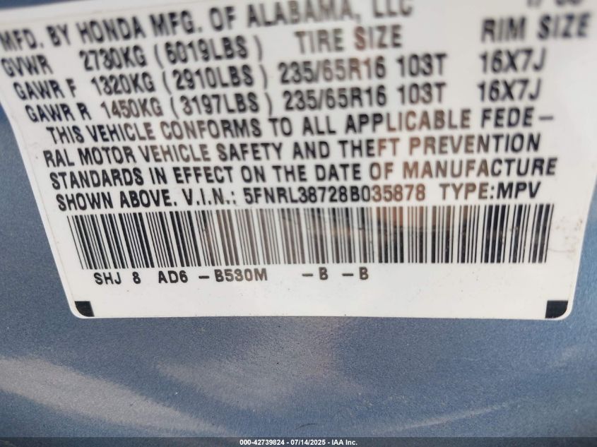 2008 Honda Odyssey Ex-L VIN: 5FNRL38728B035878 Lot: 42739824