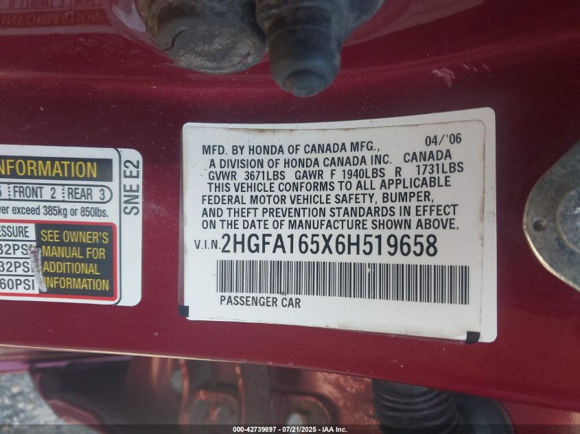 2006 Honda Civic Lx VIN: 2HGFA165X6H519658 Lot: 42739897