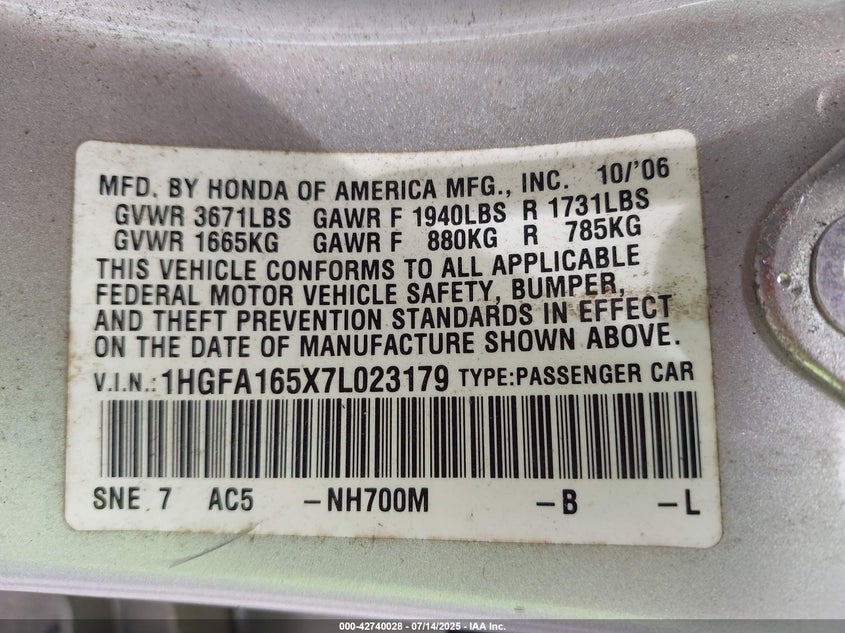 2007 HONDA CIVIC VIN: 1HGFA165X7L023179