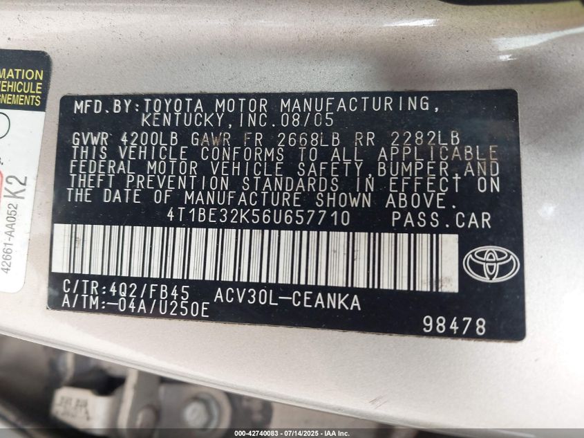 2006 Toyota Camry Le VIN: 4T1BE32K56U657710 Lot: 42740083