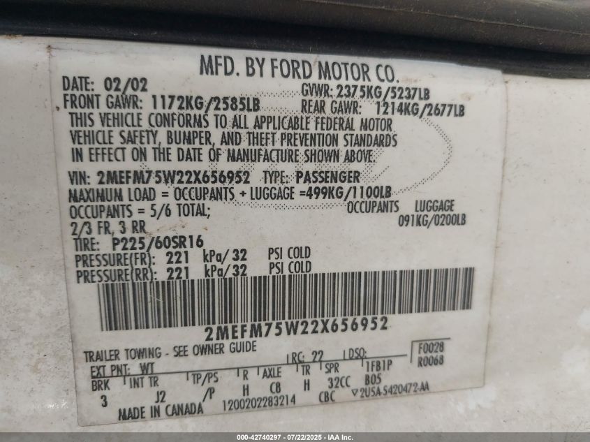 2002 Mercury Grand Marquis Ls VIN: 2MEFM75W22X656952 Lot: 42740297