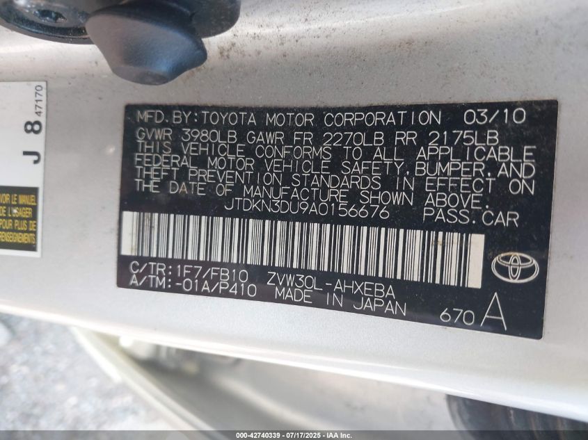 2010 Toyota Prius Ii VIN: JTDKN3DU9A0156676 Lot: 42740339