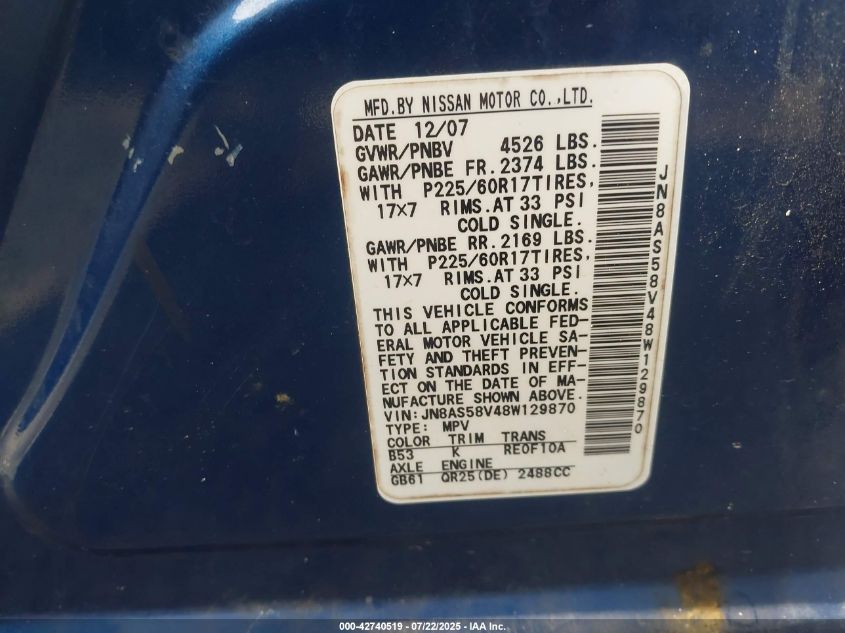 2008 Nissan Rogue Sl VIN: JN8AS58V48W129870 Lot: 42740519