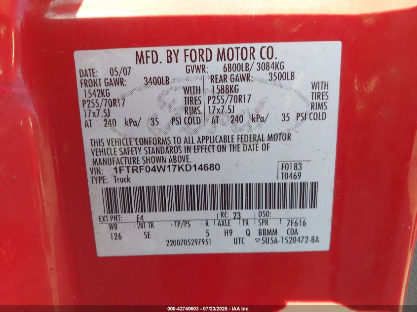 2007 Ford F-150 Stx/Xlt VIN: 1FTRF04W17KD14680 Lot: 42740603