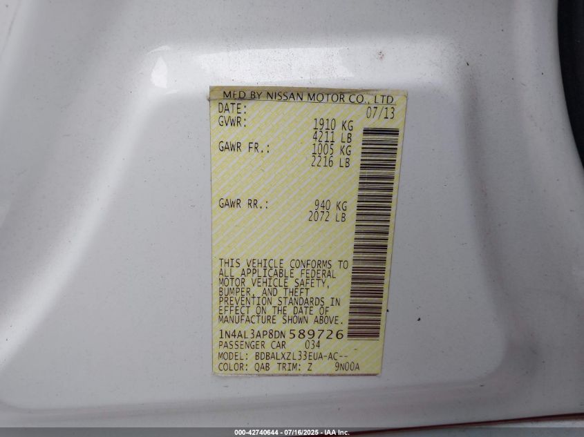 2013 NISSAN ALTIMA 2.5 SL - 1N4AL3AP8DN589726