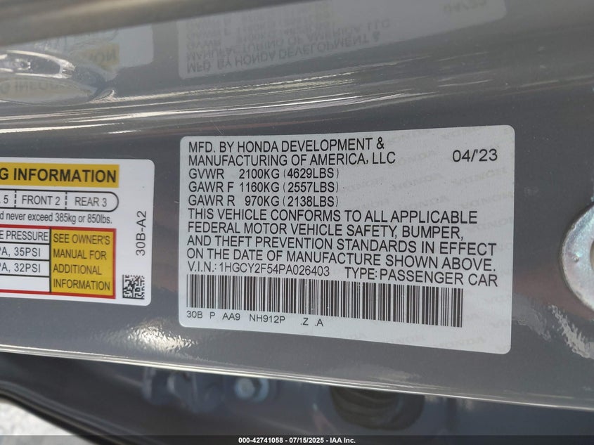 2023 Honda Accord Hybrid Sport VIN: 1HGCY2F54PA026403 Lot: 42741058