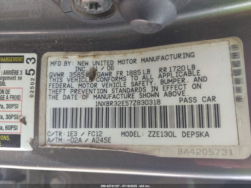 2007 Toyota Corolla S VIN: 1NXBR32E57Z830318 Lot: 42741107