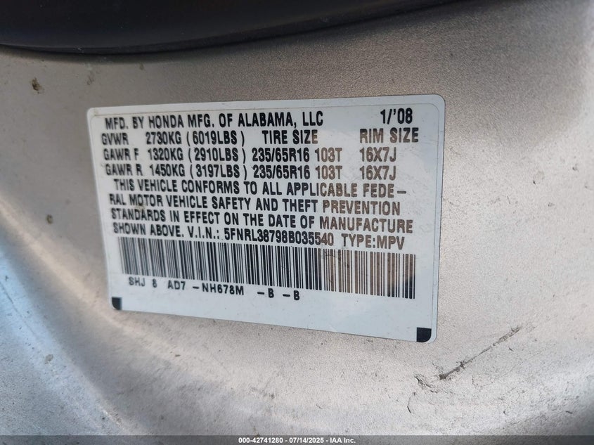 2008 Honda Odyssey Ex-L VIN: 5FNRL38798B035540 Lot: 42741280