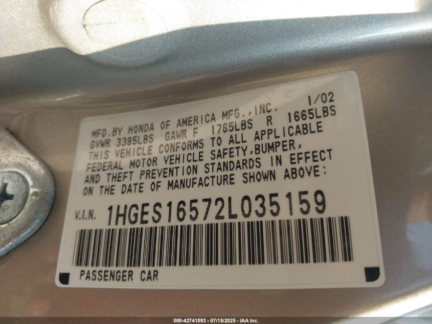 2002 Honda Civic Lx VIN: 1HGES16572L035159 Lot: 42741593