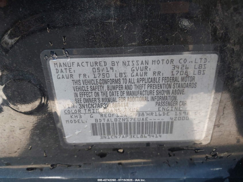 2019 NISSAN VERSA S/S PLUS/SV - 3N1CN7AP3KL869414