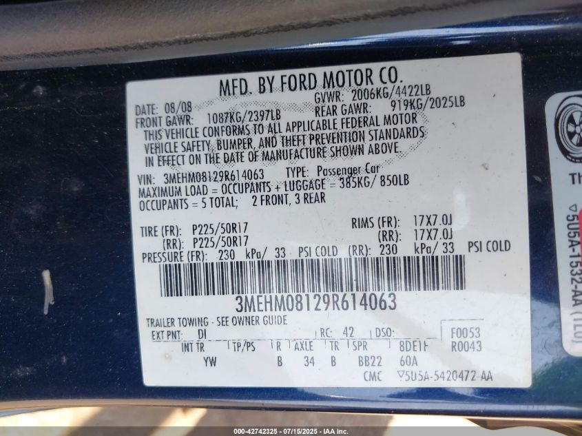 2009 Mercury Milan V6 Premier VIN: 3MEHM08129R614063 Lot: 42742325