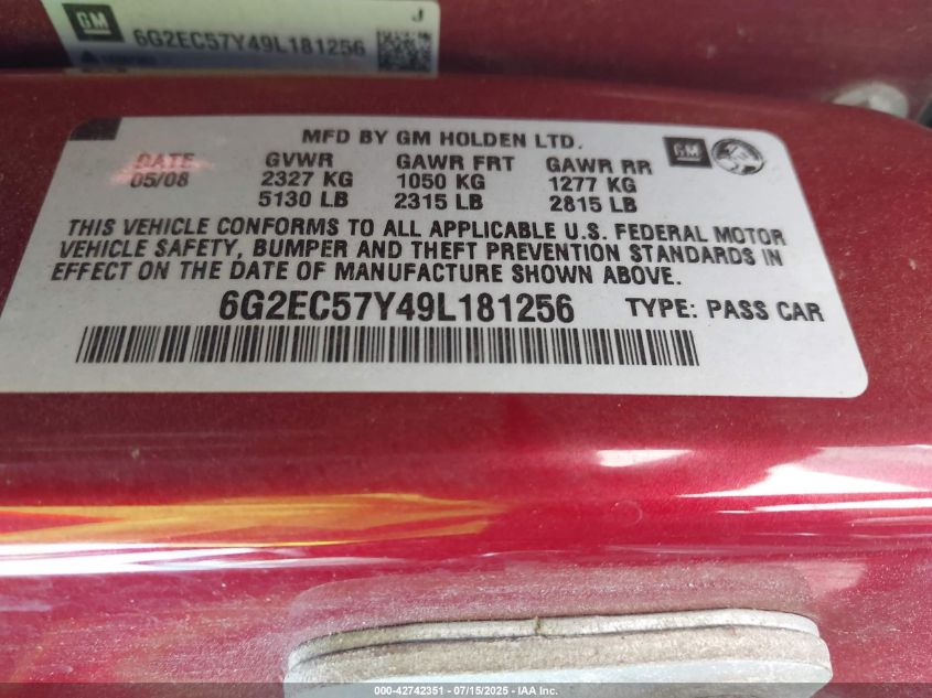 2009 Pontiac G8 Gt VIN: 6G2EC57Y49L181256 Lot: 42742351